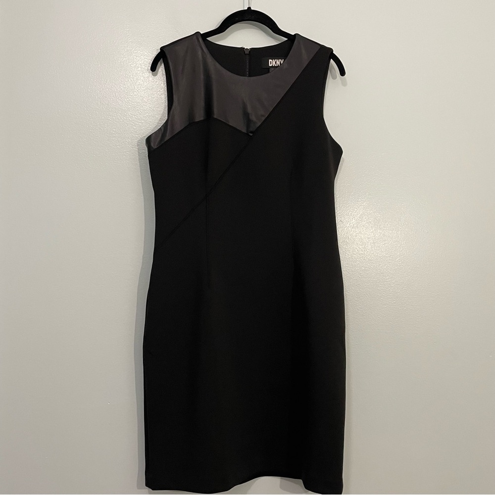 DKNY Black Sheath Dress with Vegan Leather Accent NWT Size 8